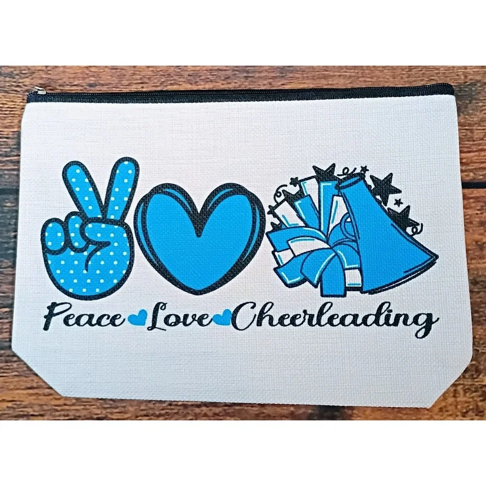 Peace Love Cheerleading Blue Canvas Makeup Bag Zipper Pouch Travel Toiletry Case